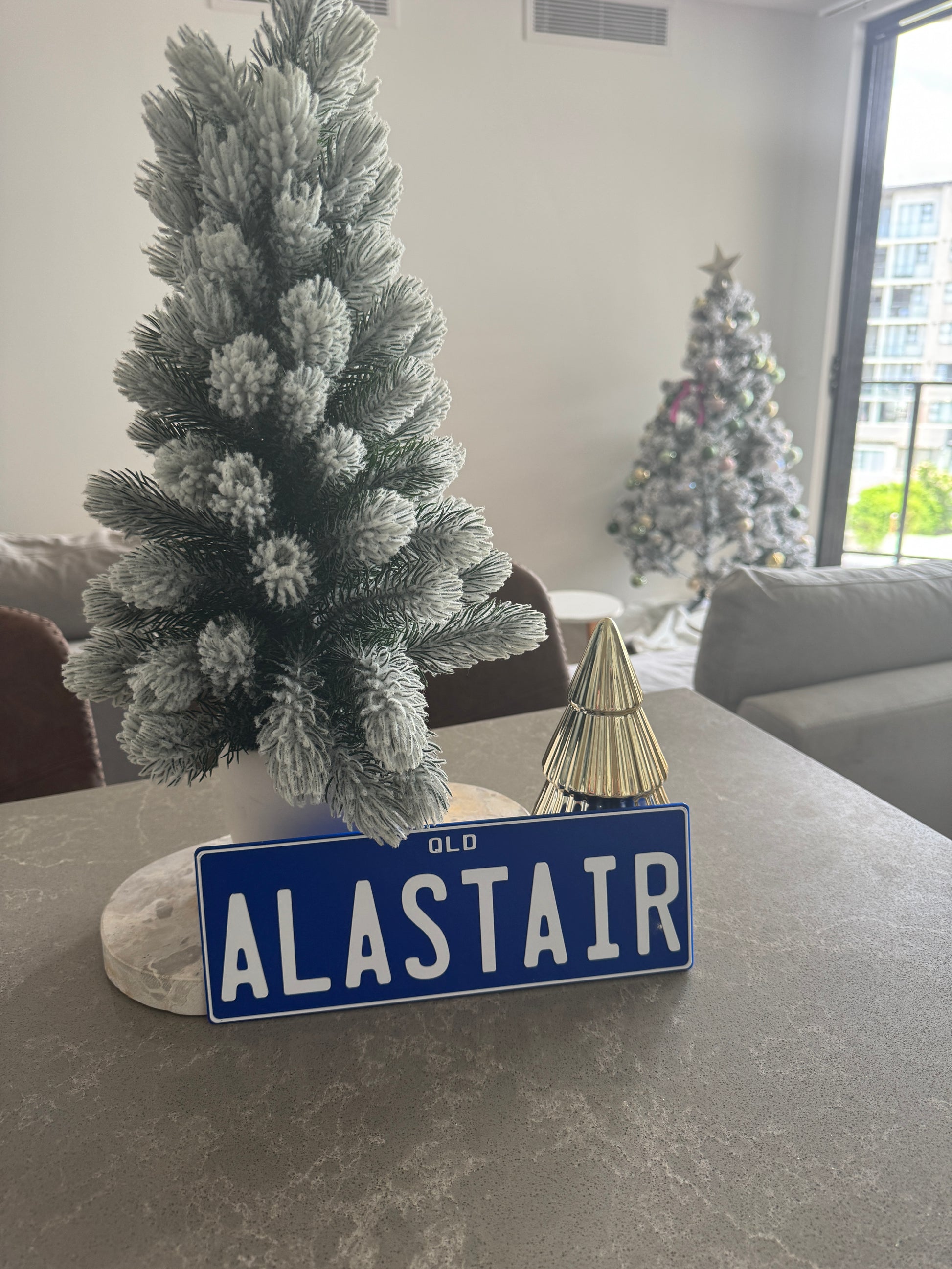 Decorative Christmas tree with a blue sign reading 'Alastair' on a textured wall. rego plate ppq