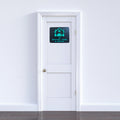 White door with a green glowing sign on a white wall