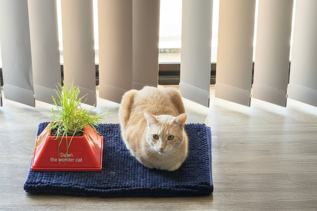 Cat sitting on a blue rug next to a red cat grass stand on a wooden floor.