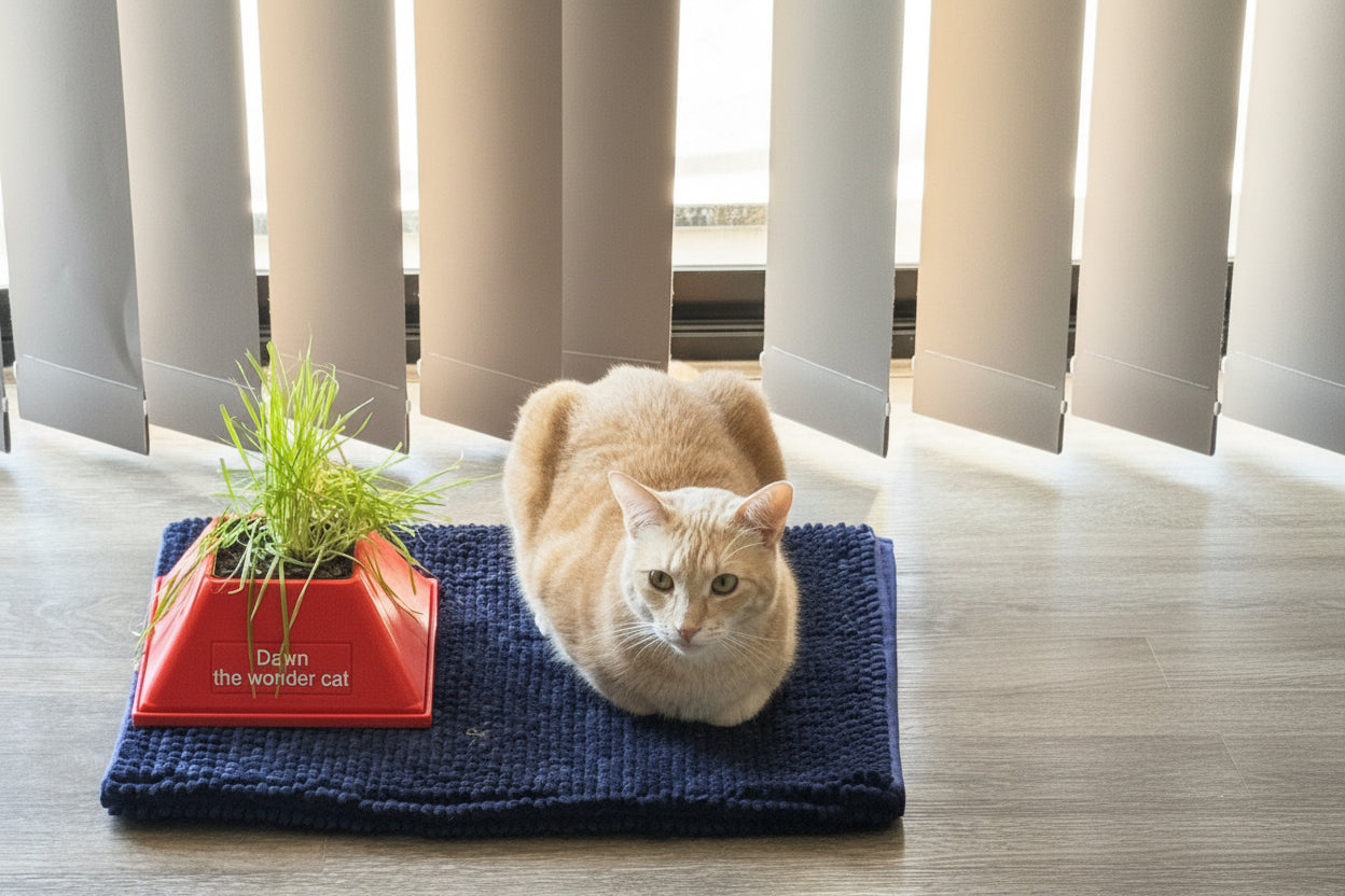 Cat sitting on a blue rug next to a red cat grass stand on a wooden floor.