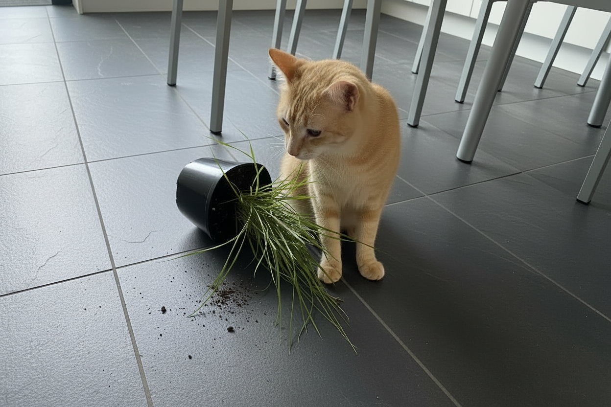 Cat standing next to a knocked-over plant pot on a tiled floor.