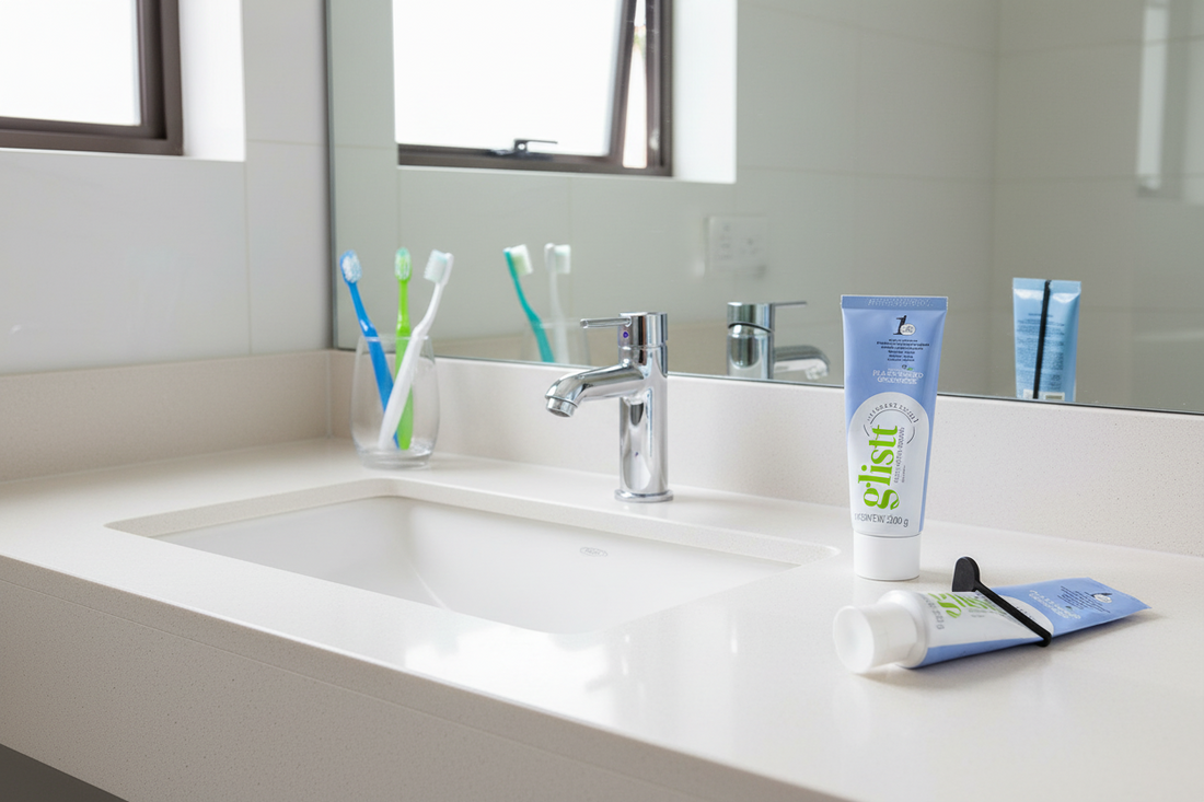 toothpaste tube with panda design on a bathroom counter and squeezer