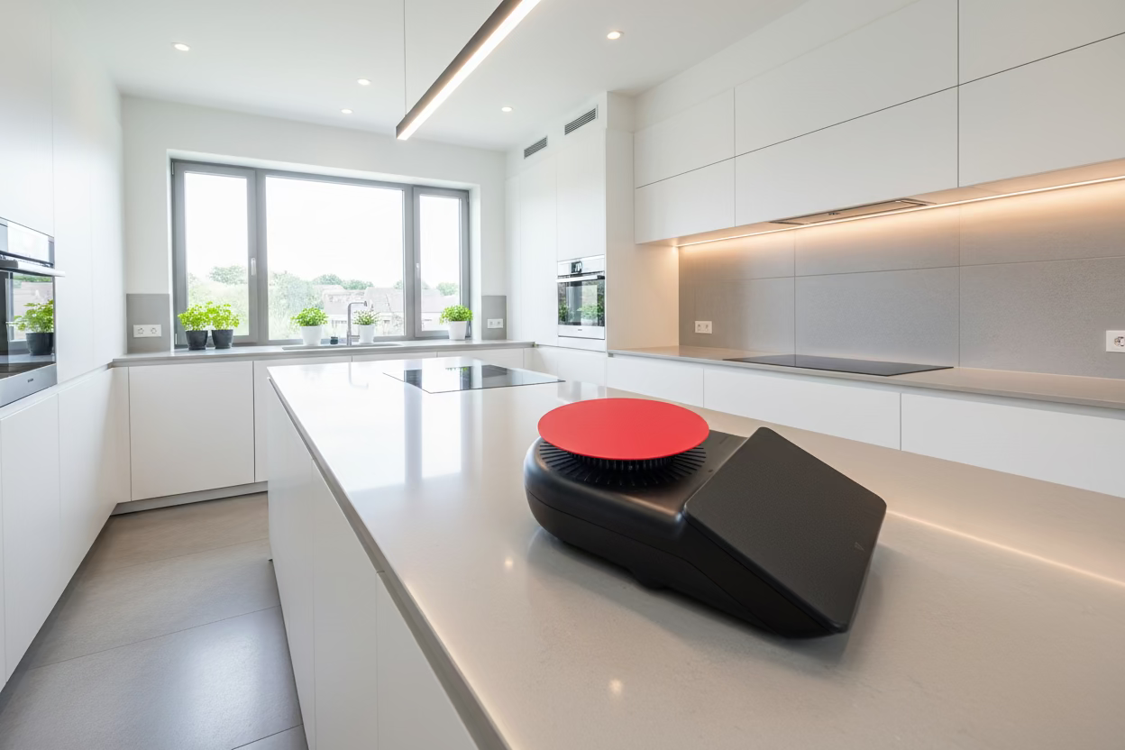 Thermomix TM7 with a red scale plate in the modern kitchen