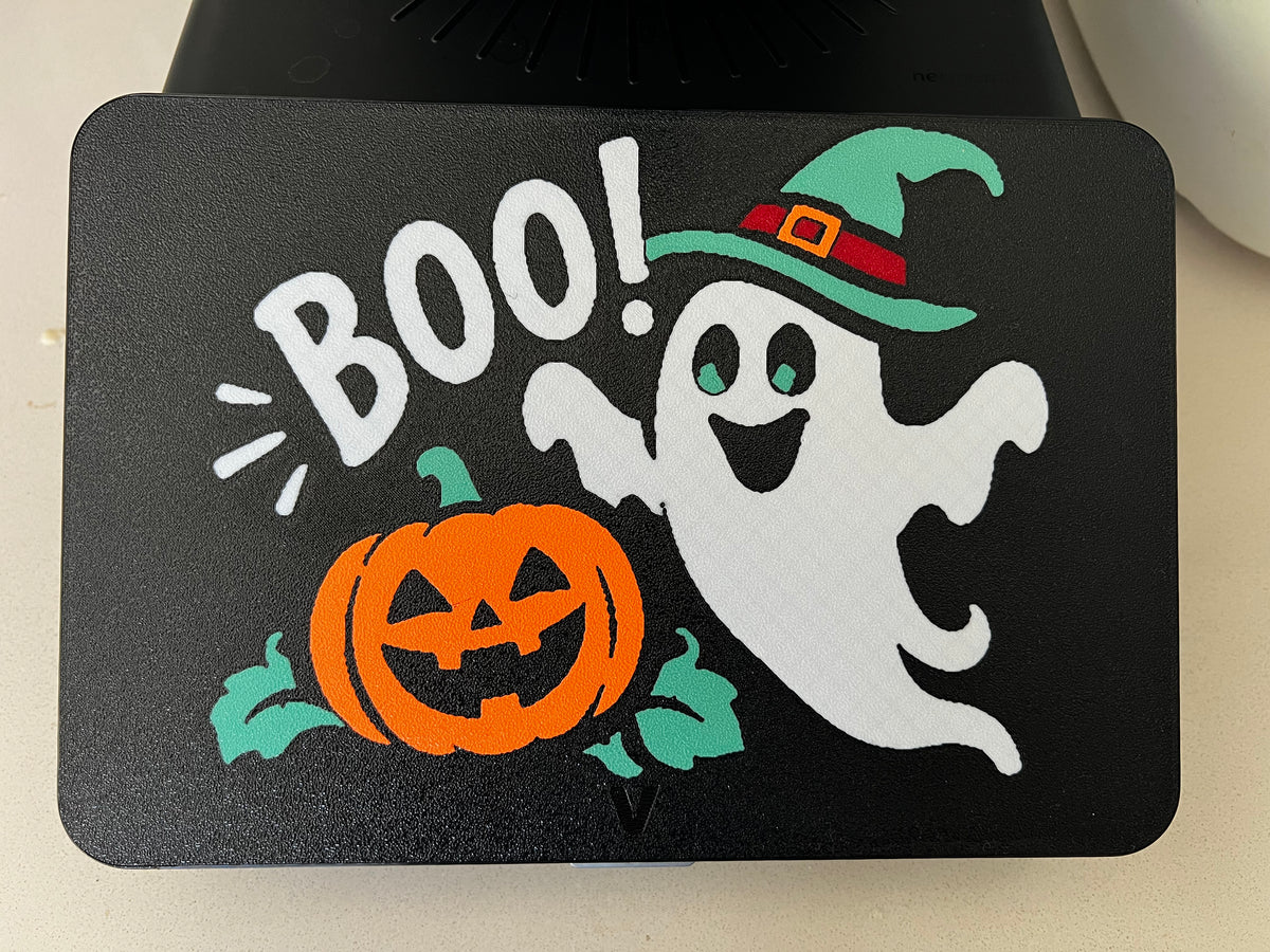 Close-up of the Boo! ghost 3D printed Halloween screen cover fitted to a Thermomix TM7