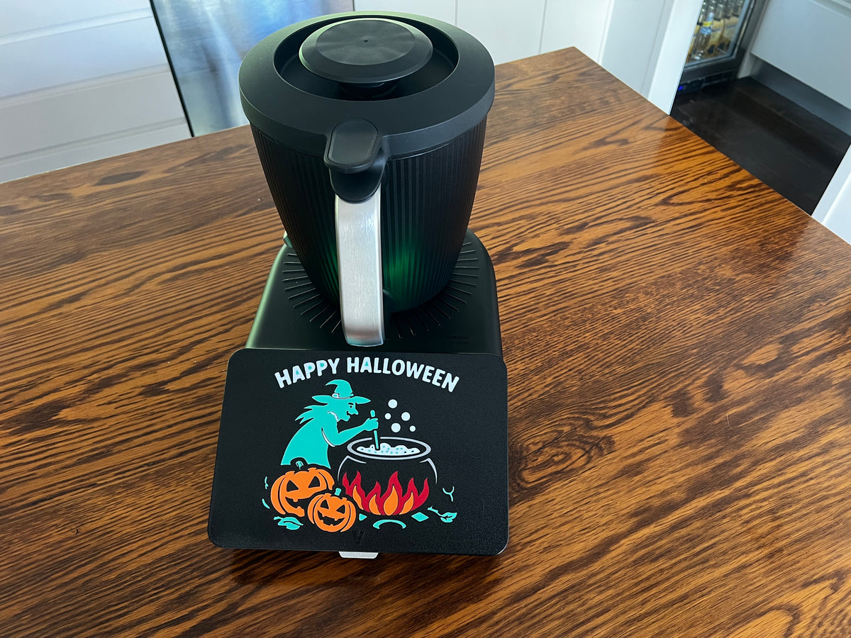 Side view of the full-colour Halloween screen cover on a Thermomix TM7