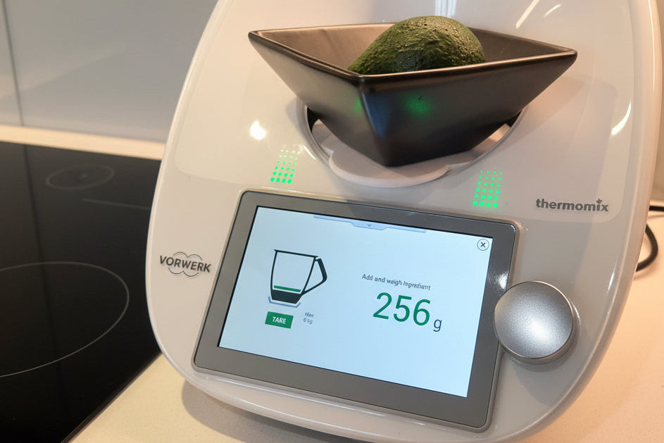 Vorwerk kitchen appliance with an avocado in a black bowl on a digital display showing weight.
