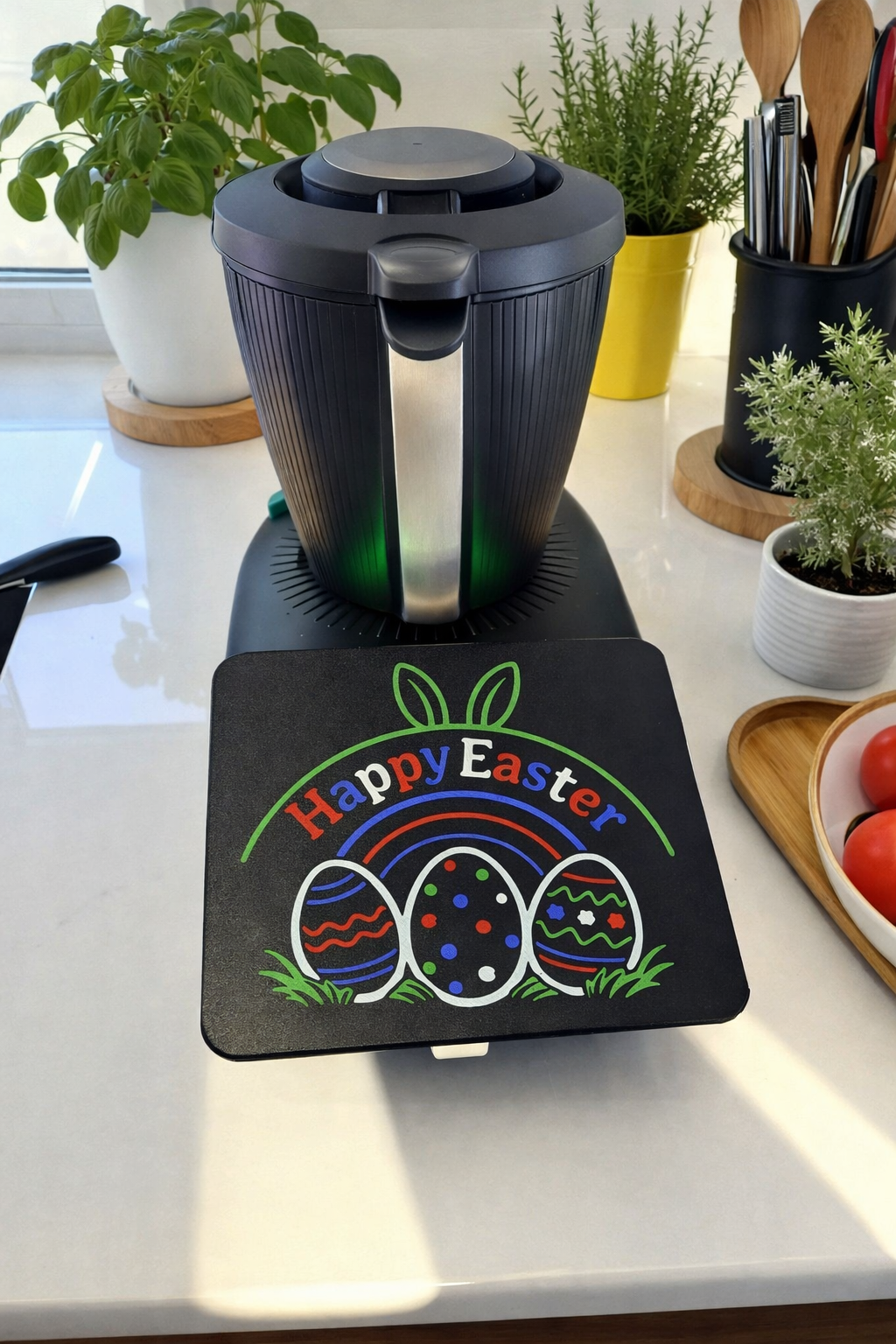 Black screen cover with 'Happy Easter' design on a kitchen counter