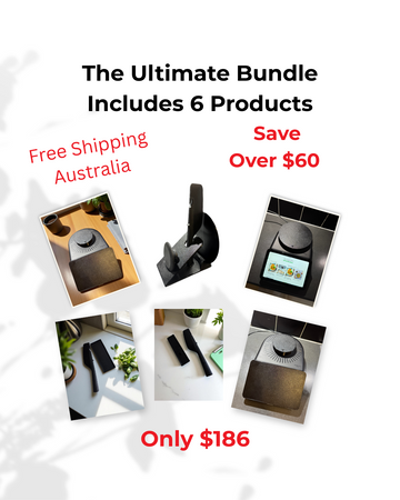Promotional image of a product bundle with six items, free shipping, and savings text on a white background. tm7 scale plate spatula stand tray