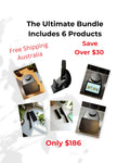 Promotional image of a product bundle with six items, free shipping, and savings text on a white background.